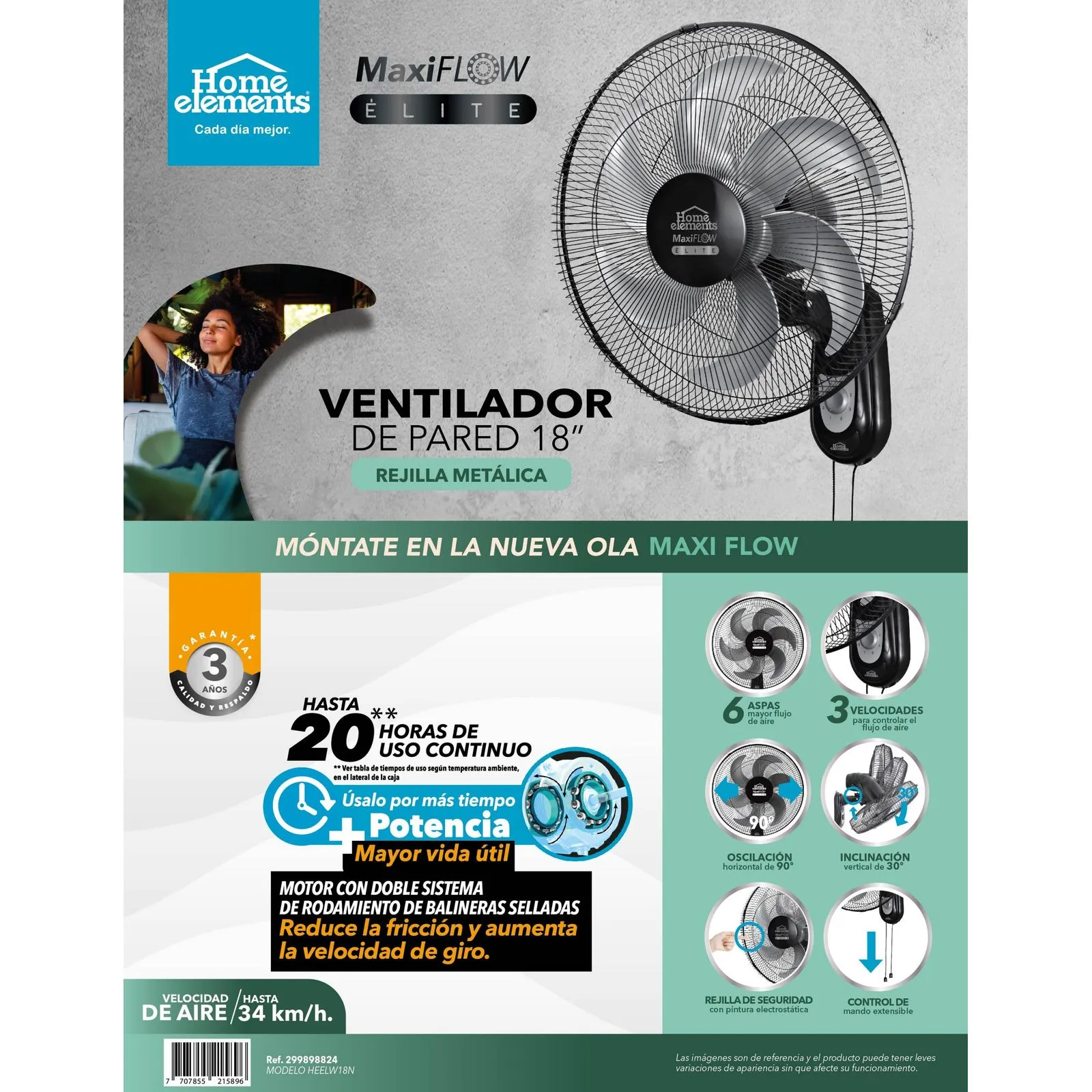 Ventilador de Pared Home Elements 18" Maxi Flow Negro Malla Metálica - Image 6